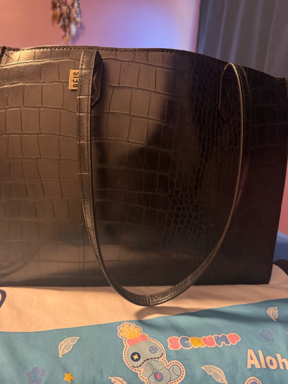 BEIS Black Faux-Croc Tote